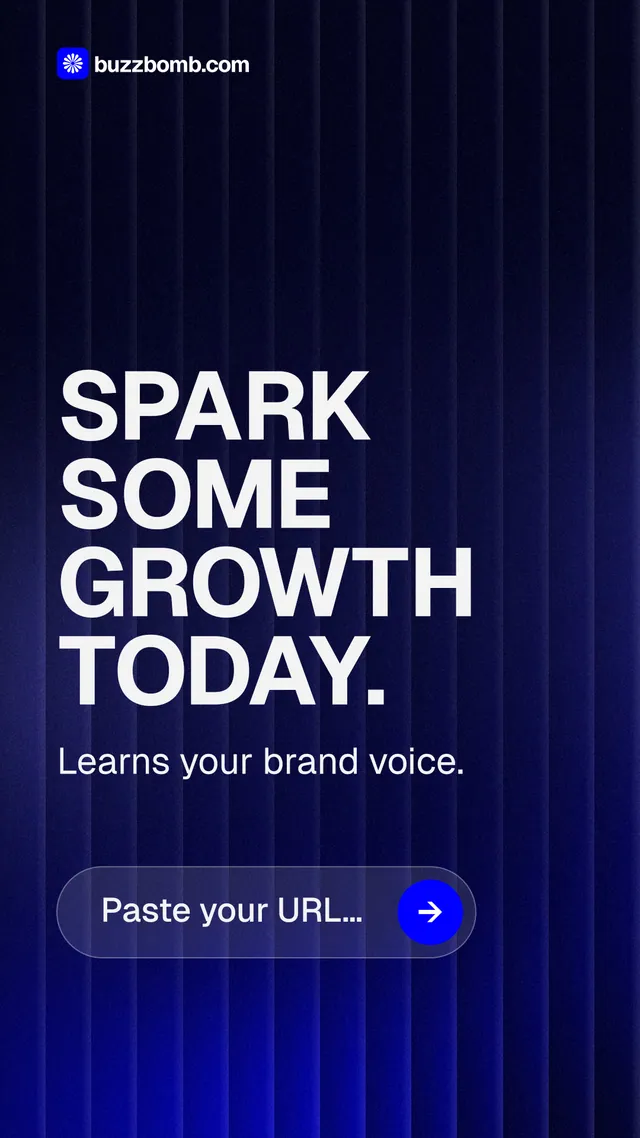 Instagram story for BuzzBomb: "Spark some growth today." Agentic glass style, skeleton layout, dark palette in black, blue, grey.