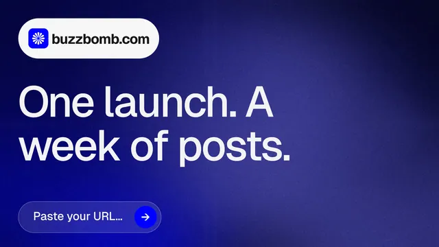Landscape graphic for BuzzBomb: "One launch. A week of posts." Agentic glass style, announce layout, dark palette in blue.