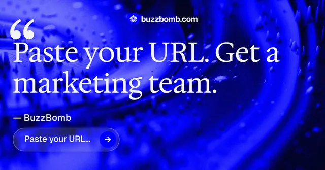 Social ad for BuzzBomb: "Your AI marketing team." Agentic glass style, quote layout, dark palette in blue.