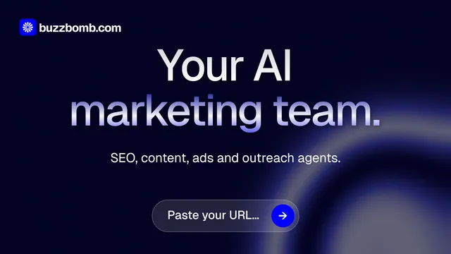 Landscape graphic for BuzzBomb: "Your AI marketing team." Agentic glass style, centred layout, dark palette in black, blue.