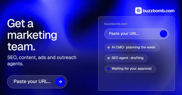 Social ad for BuzzBomb: "Get a marketing team." Agentic glass style, bottom layout, dark palette in blue.