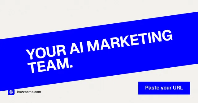 Social ad for BuzzBomb: "Your AI marketing team." Swiss style, diagonal layout, light palette in blue, white.
