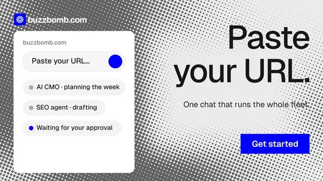 Landscape graphic for BuzzBomb: "Paste your URL." Split block style, right layout, light palette in white, grey.