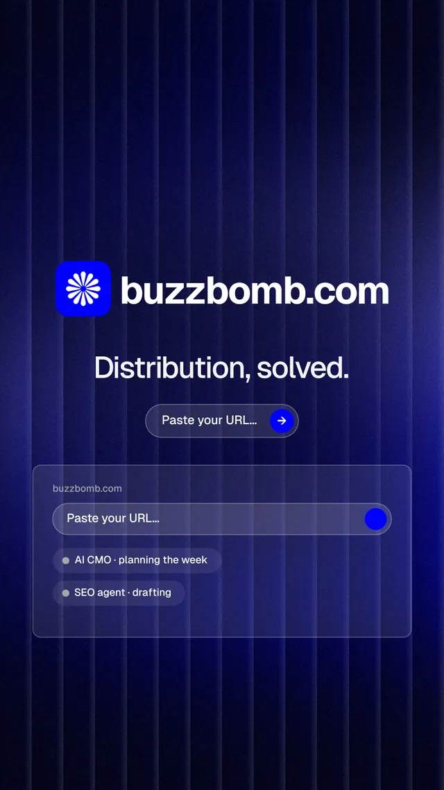 Instagram story for BuzzBomb: "Distribution, solved." Agentic glass style, logo hero layout, dark palette in black, blue.