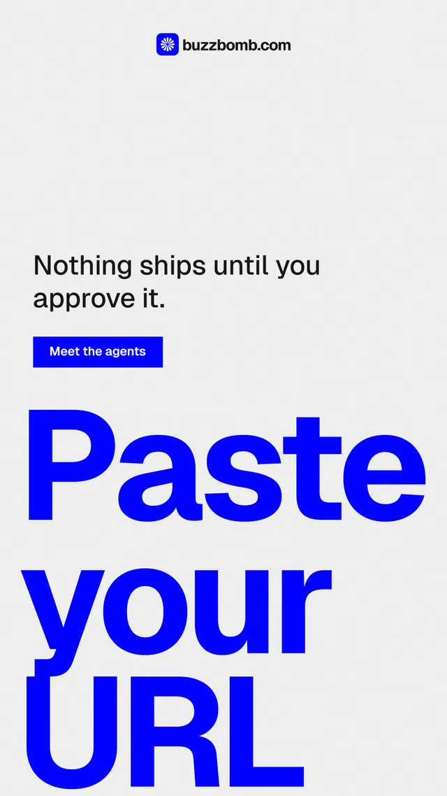 Instagram story for BuzzBomb: "Seven agents. One chat." Swiss style, oversized layout, light palette in white, blue.