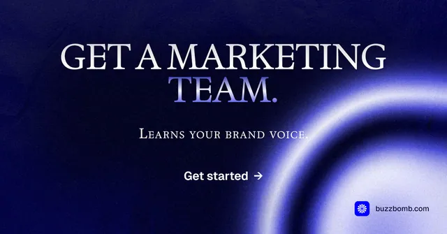 Social ad for BuzzBomb: "Get a marketing team." Agentic glass style, smallcaps layout, dark palette in blue, black.