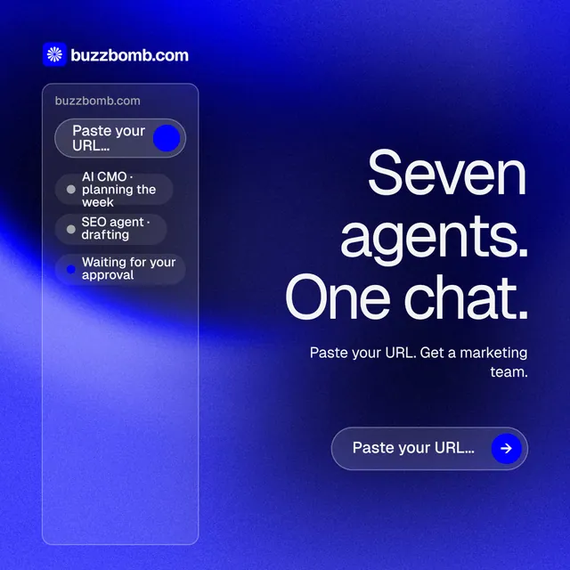 Instagram post for BuzzBomb: "Seven agents. One chat." Agentic glass style, right layout, dark palette in blue.