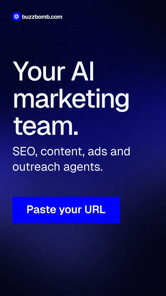 Instagram story for BuzzBomb: "Your AI marketing team." Swiss style, skeleton layout, dark palette in black, blue.