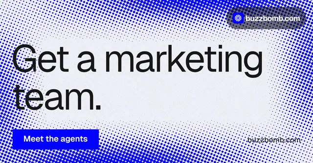 Social ad for BuzzBomb: "Get a marketing team." Swiss style, poster layout, light palette in blue, white.