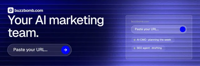 X header for BuzzBomb: "Your AI marketing team." Agentic glass style, skeleton layout, dark palette in blue.