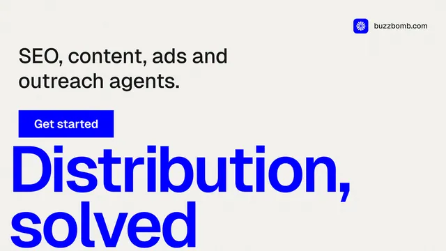 Landscape graphic for BuzzBomb: "Distribution, solved." Swiss style, oversized layout, light palette in white, blue.