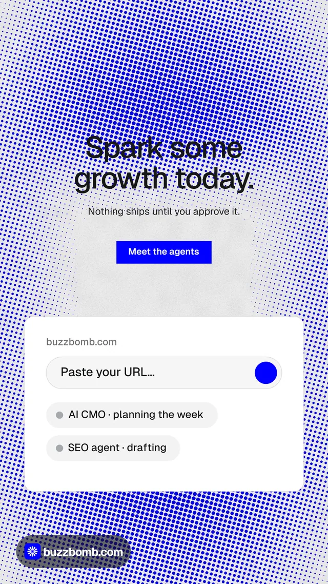 Instagram story for BuzzBomb: "Spark some growth today." Swiss style, centred layout, light palette in blue, white.