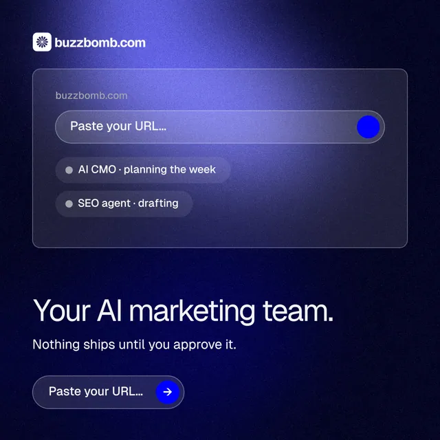 Instagram post for BuzzBomb: "Your AI marketing team." Agentic glass style, bottom layout, dark palette in black, blue.