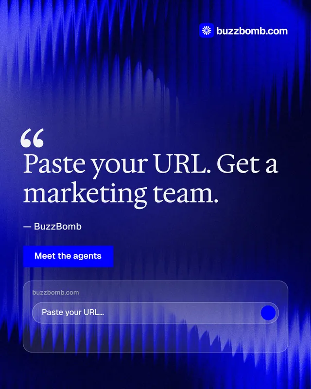 Instagram portrait post for BuzzBomb: "Spark some growth today." Swiss style, quote layout, dark palette in blue.