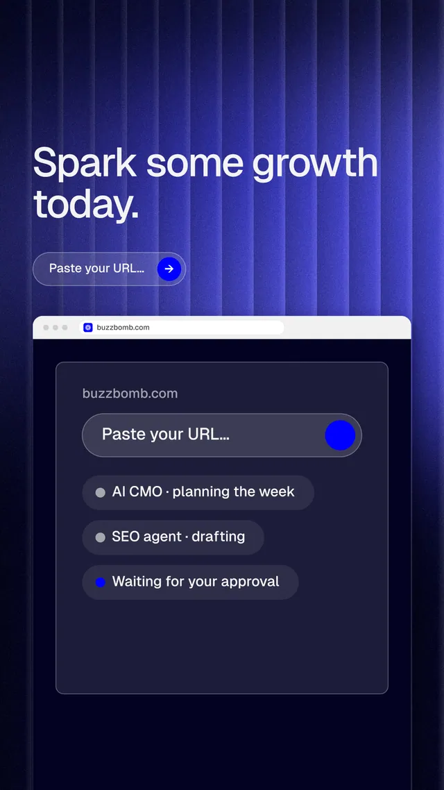 Instagram story for BuzzBomb: "Spark some growth today." Agentic glass style, browser layout, dark palette in blue, black.