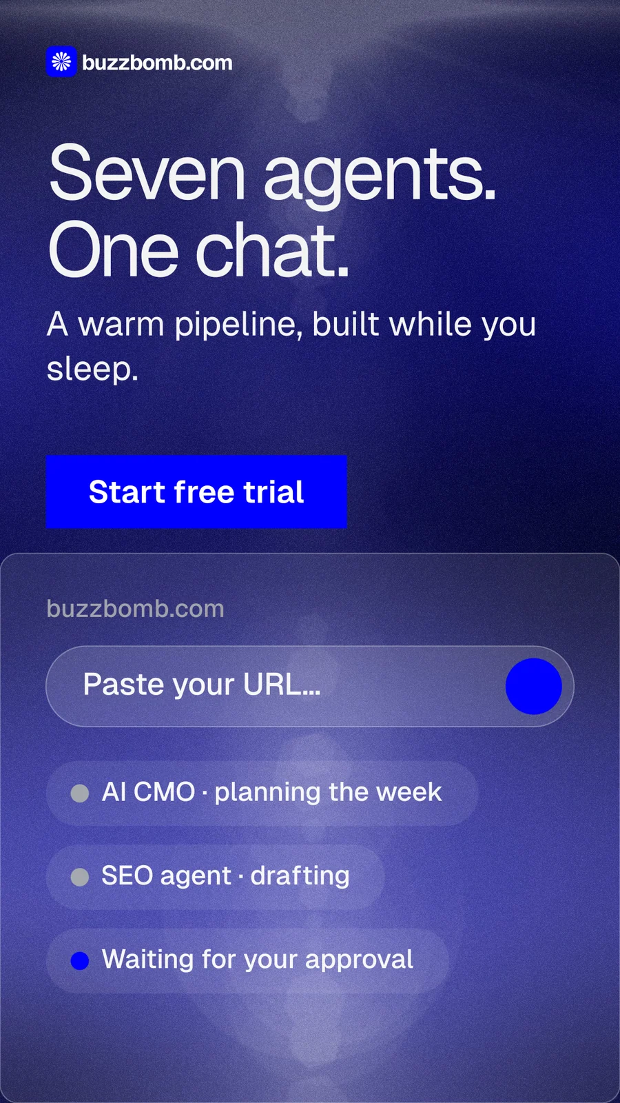 Instagram story for BuzzBomb: "Seven agents. One chat." Swiss style, skeleton layout, dark palette in blue.