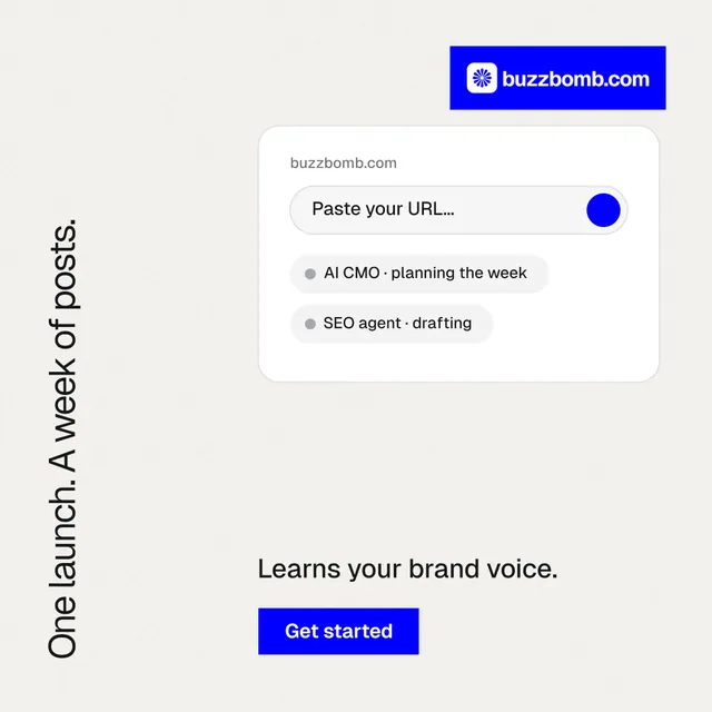Instagram post for BuzzBomb: "One launch. A week of posts." Swiss style, vertical layout, light palette in white, blue.