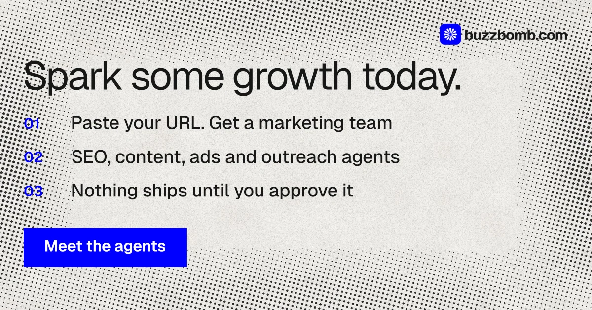 Social ad for BuzzBomb: "Spark some growth today." Swiss style, numbered layout, light palette in grey, white, blue.