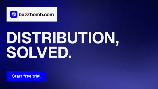 Landscape graphic for BuzzBomb: "Distribution, solved." Swiss style, announce layout, dark palette in blue.