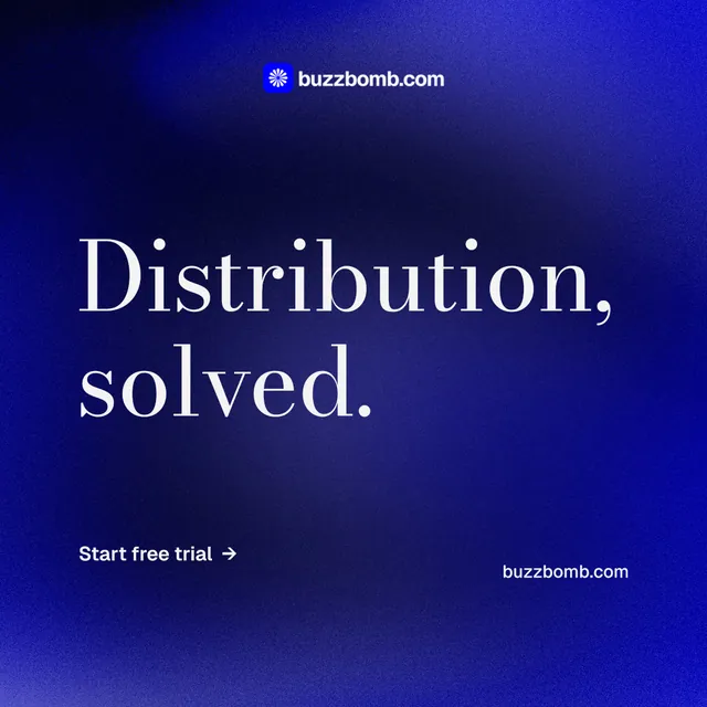 Instagram post for BuzzBomb: "Distribution, solved." Minimal luxury style, poster layout, dark palette in blue.
