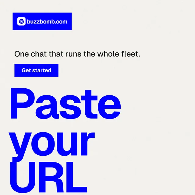 Instagram post for BuzzBomb: "Your AI marketing team." Swiss style, oversized layout, light palette in white, blue.