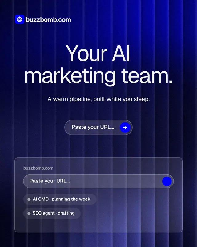 Instagram portrait post for BuzzBomb: "Your AI marketing team." Agentic glass style, centred layout, dark palette in blue.