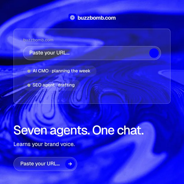 Instagram post for BuzzBomb: "Seven agents. One chat." Agentic glass style, bottom layout, dark palette in blue.