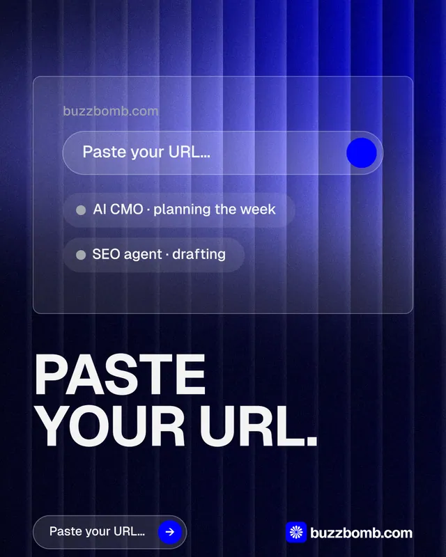 Instagram portrait post for BuzzBomb: "Paste your URL." Agentic glass style, bottom layout, dark palette in black, blue.