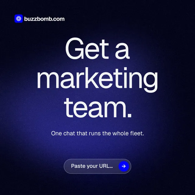 Instagram post for BuzzBomb: "Get a marketing team." Agentic glass style, centred layout, dark palette in black, blue, grey.