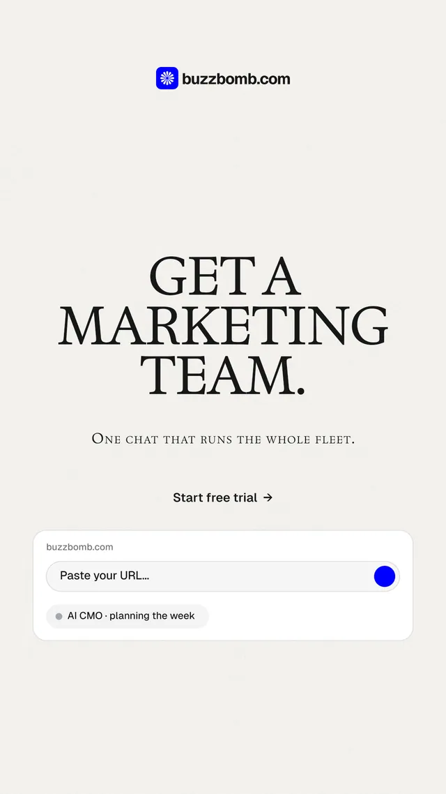 Instagram story for BuzzBomb: "Get a marketing team." Swiss style, smallcaps layout, light palette in white.