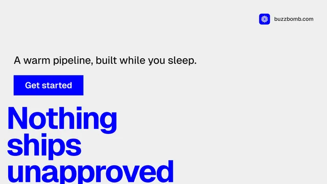 Landscape graphic for BuzzBomb: "Spark some growth today." Swiss style, oversized layout, light palette in white, blue.