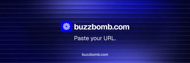 X header for BuzzBomb: "Paste your URL." Minimal luxury style, end card layout, dark palette in black, blue.