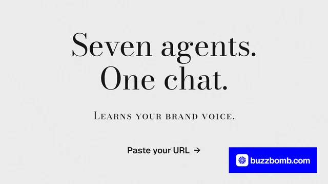 Landscape graphic for BuzzBomb: "Seven agents. One chat." Minimal luxury style, smallcaps layout, light palette in white, blue.