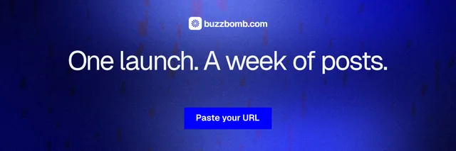 X header for BuzzBomb: "One launch. A week of posts." Swiss style, centred layout, dark palette in blue.