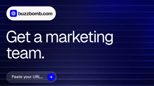 Landscape graphic for BuzzBomb: "Get a marketing team." Agentic glass style, announce layout, dark palette in blue, black, grey.