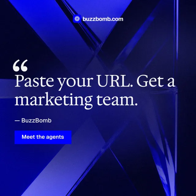 Instagram post for BuzzBomb: "One launch. A week of posts." Swiss style, quote layout, dark palette in blue, black.