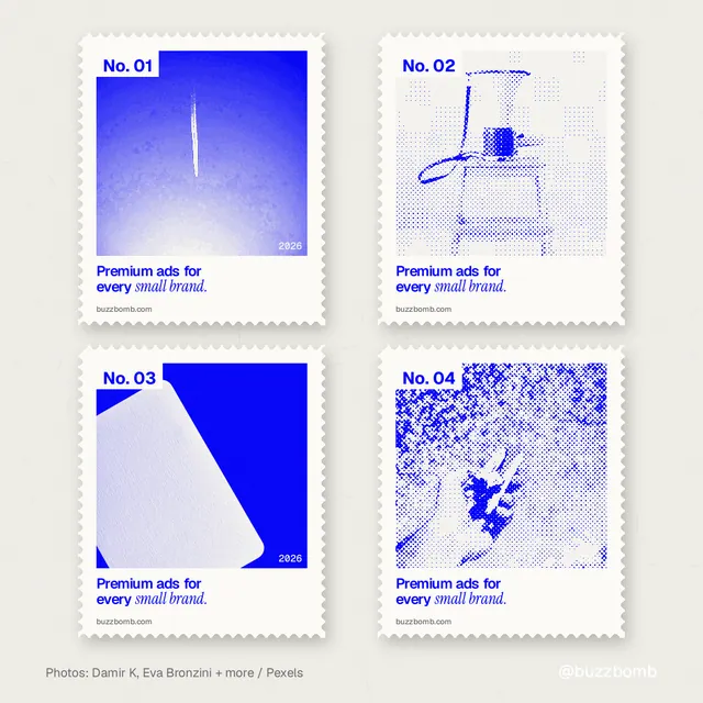 Instagram post for BuzzBomb: "Premium ads for every small brand." Sheet style, technique:stamp series layout, light palette in yellow, white, blue.