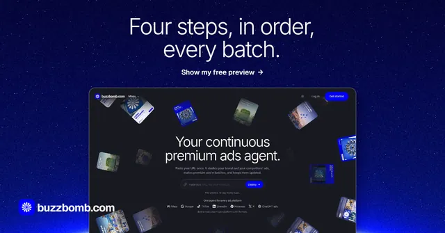 Social ad for BuzzBomb: "Four steps, in order, every batch." Swiss style, ogui layout, dark palette in blue, black.
