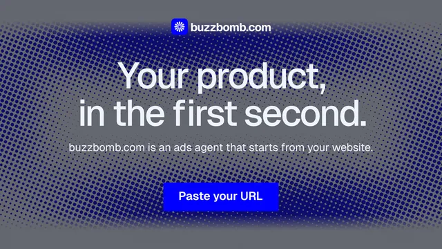 Landscape graphic for BuzzBomb: "Your product, in the first second." Swiss style, centred layout, dark palette in blue, grey.