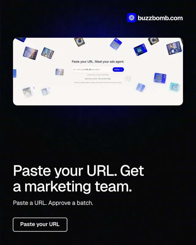 Instagram portrait post for BuzzBomb: "Paste your URL. Get a marketing team." Phosphor atlas style, bottom layout, dark palette in black, white.