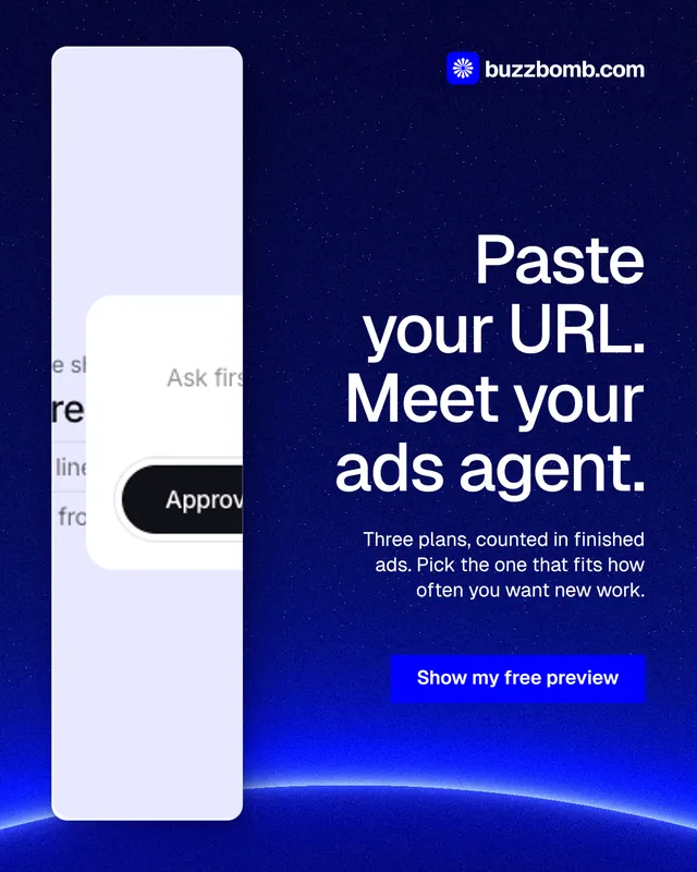 Instagram portrait post for BuzzBomb: "Paste your URL. Meet your ads agent." Swiss style, right layout, dark palette in blue, white, grey.