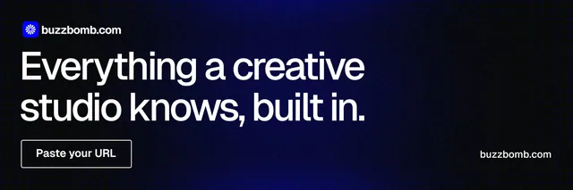 X header for BuzzBomb: "Everything a creative studio knows, built in." Phosphor atlas style, poster layout, dark palette in black, grey.