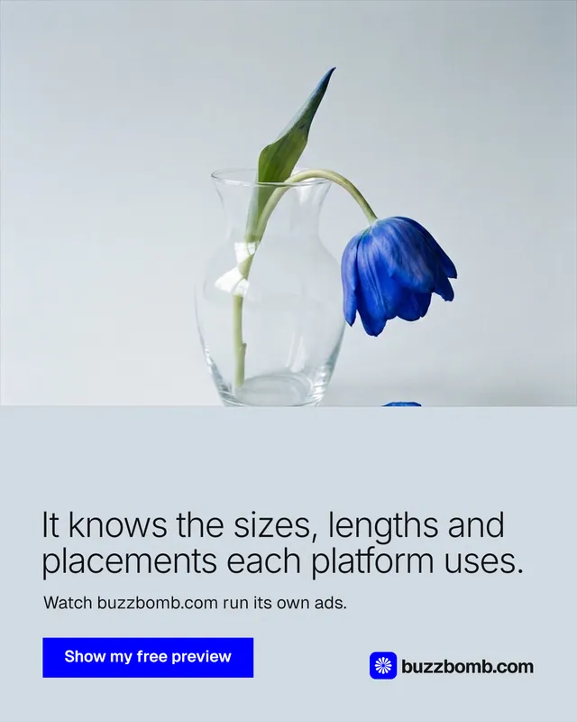 Instagram portrait post for BuzzBomb: "It knows the sizes, lengths and placements each platform uses." Swiss style, bottom layout, light palette in white, blue.