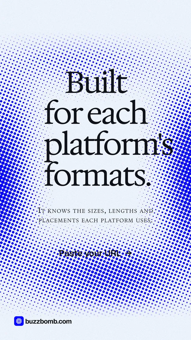 Instagram story for BuzzBomb: "Built for each platform's formats." Swiss style, smallcaps layout, light palette in blue, white.