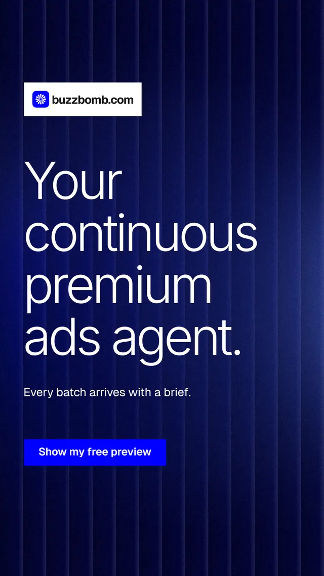 Instagram story for BuzzBomb: "Your continuous premium ads agent." Swiss style, announce layout, dark palette in black, blue.