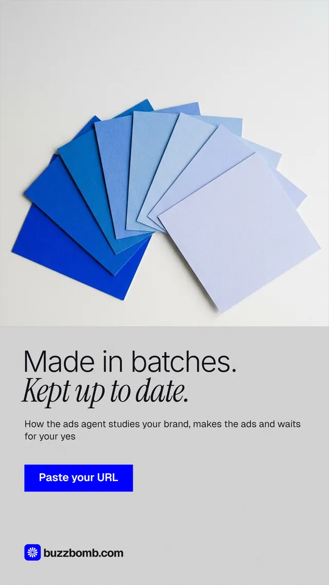 Instagram story for BuzzBomb: "Made in batches. Kept up to date." Swiss style, bottom layout, light palette in white, blue.
