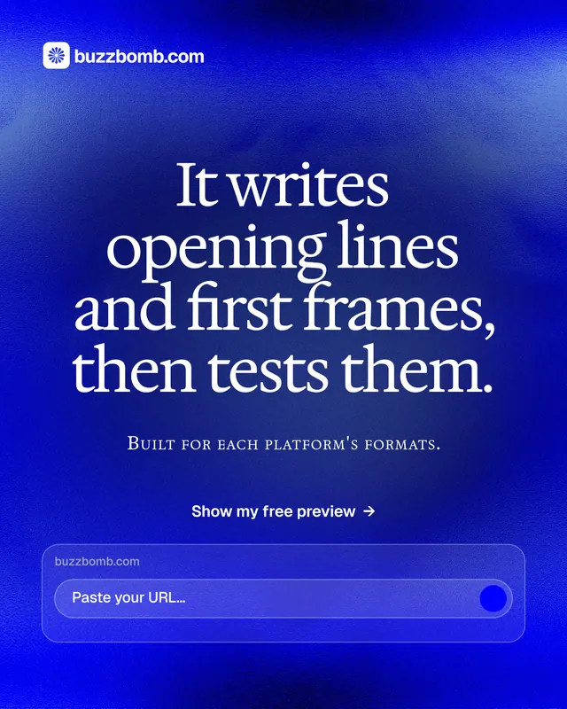 Instagram portrait post for BuzzBomb: "It writes opening lines and first frames, then tests them." Swiss style, smallcaps layout, dark palette in blue.