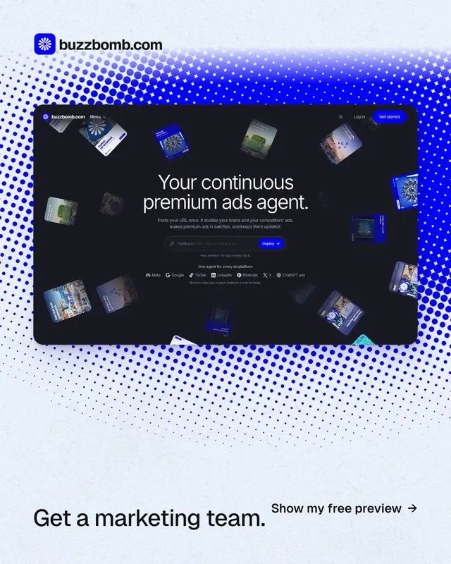 Instagram portrait post for BuzzBomb: "Get a marketing team." Swiss style, image led layout, light palette in blue, white.
