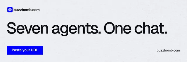 X header for BuzzBomb: "Seven agents. One chat." Swiss style, poster layout, light palette in white, blue.