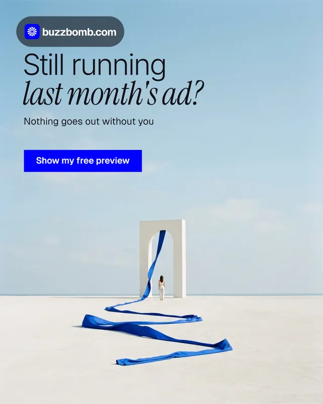Instagram portrait post for BuzzBomb: "Still running last month's ad?" Swiss style, bottom layout, light palette in blue, white.